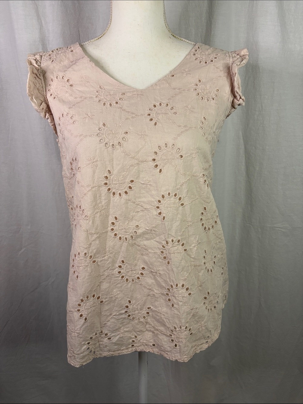 Blush Eyelet V-Neck Cap Sleeve Cottagecore Whimsy Romantic Blouse Medium